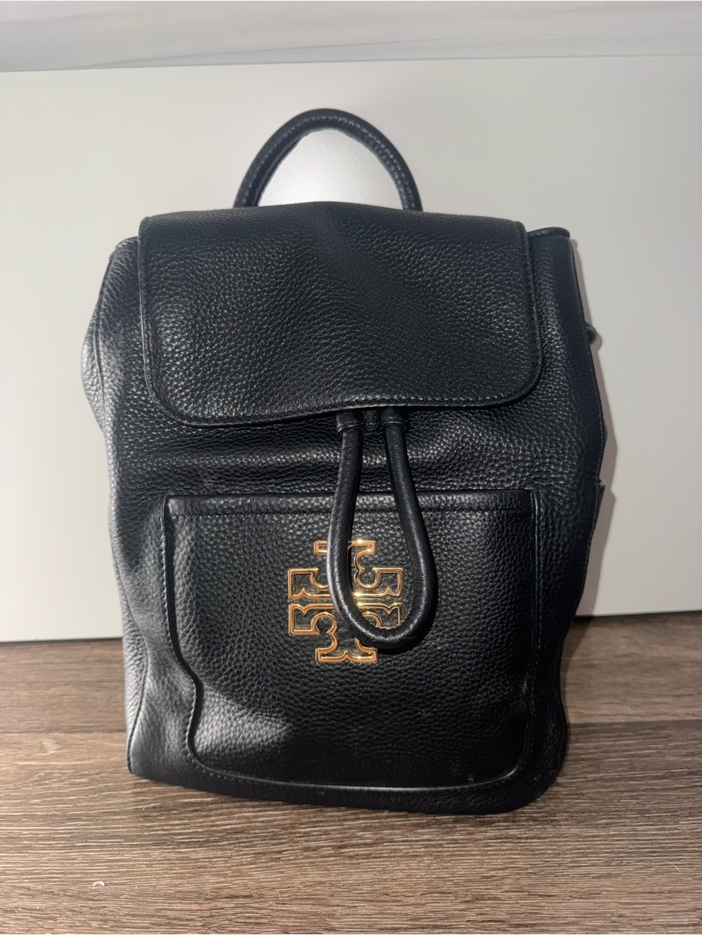 Black Leather Backpack with Gold Logo